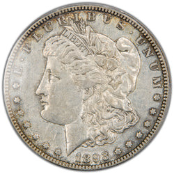 Front obverse view of an 1893 Morgan Silver Dollar coin graded PCGS AU-50 showing Lady Liberty with sharp detail and light wear on hair high points.