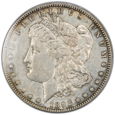 Front obverse view of an 1893 Morgan Silver Dollar coin graded PCGS AU-50 showing Lady Liberty with sharp detail and light wear on hair high points.