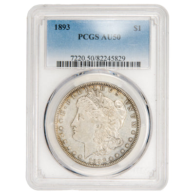 Front of PCGS protective slab holder displaying an 1893 $1 Morgan Silver Dollar graded AU-50 with serial number 82245829.