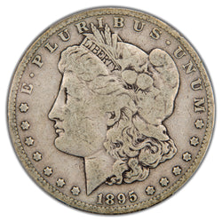 Front side of an 1895-S Morgan Silver Dollar coin showing the profile of Lady Liberty with visible wear consistent with Very Good 10 grade.