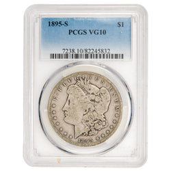 PCGS graded slab holder displaying a 1895-S $1 Morgan Silver Dollar graded VG-10 with PCGS serial number 82245832.