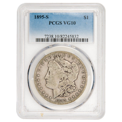 PCGS graded slab holder displaying a 1895-S $1 Morgan Silver Dollar graded VG-10 with PCGS serial number 82245832.