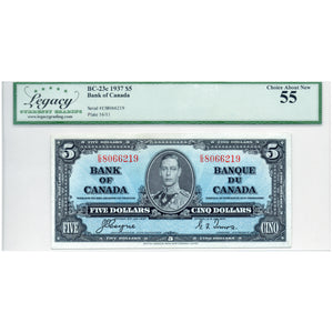SOLD $5 1937 Bank of Canada Note Coyne-Towers E/S Prefix BC-23c - Legacy AU-55
