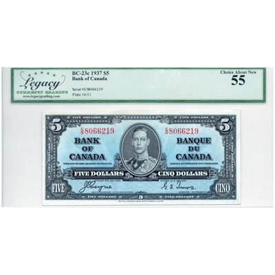 SOLD $5 1937 Bank of Canada Note Coyne-Towers E/S Prefix BC-23c - Legacy AU-55