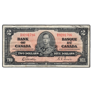 SOLD $2 1937 Bank of Canada Note Gordon-Towers W/B Prefix BC-22b - Edge Tear