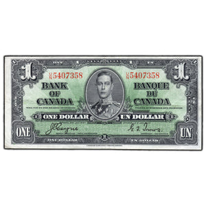 SOLD $1 1937 Bank of Canada Note Coyne-Towers U/N Prefix BC-21d - VF