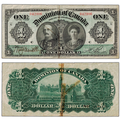 SOLD $1 1911 Dominion of Canada Note Green Line Series G DC-18b - Major Tape Repaired