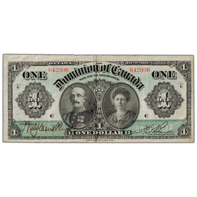 SOLD $1 1911 Dominion of Canada Note Green Line Series G DC-18b - Major Tape Repaired
