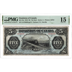 The front face of a 1912 Dominion of Canada 5-dollar large-size banknote (Charlton DC-21a) in a plastic PMG grading holder labeled "PMG Fine 15". The note features a central intaglio engraving of the "Ocean Limited" passenger train steaming through Nova Scotia's Wentworth Valley. This is the "No Seal" variety, signed by T.C. Boville, displaying Series letter A and honest wear consistent with a Fine 15 grade.