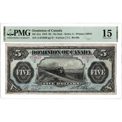 The front face of a 1912 Dominion of Canada 5-dollar large-size banknote (Charlton DC-21a) in a plastic PMG grading holder labeled "PMG Fine 15". The note features a central intaglio engraving of the "Ocean Limited" passenger train steaming through Nova Scotia's Wentworth Valley. This is the "No Seal" variety, signed by T.C. Boville, displaying Series letter A and honest wear consistent with a Fine 15 grade.
