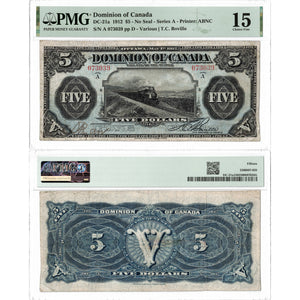$5 1912 Dominion of Canada Note Boville No Seal Series A DC-21a - PMG F-15