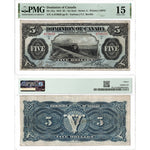 A dual-view display showing both the front and back faces of a 1912 Dominion of Canada 5-dollar large-size banknote, catalogued as Charlton DC-21a. The "Train Note" is encapsulated in a protective PMG grading holder labeled "PMG Fine 15". The obverse displays the central vignette of a passenger train with red serial numbers, while the reverse shows the intricate dark green geometric lathework.