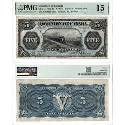 A dual-view display showing both the front and back faces of a 1912 Dominion of Canada 5-dollar large-size banknote, catalogued as Charlton DC-21a. The "Train Note" is encapsulated in a protective PMG grading holder labeled "PMG Fine 15". The obverse displays the central vignette of a passenger train with red serial numbers, while the reverse shows the intricate dark green geometric lathework.