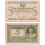 Full side-by-side front and back view of a 1919 Poland 5 Marek banknote, catalog Pick 20a, item number 243841, in Very Fine+ condition.