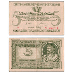 Full side-by-side front and back view of a 1919 Poland 5 Marek banknote, catalog Pick 20a, item number 243841, in Very Fine+ condition.
