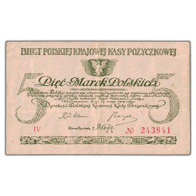 Front side of a 1919 Polish 5 Marek currency note number 243841 issued by the Polish State Loan Bank, showing crisp text and light signs of circulation.