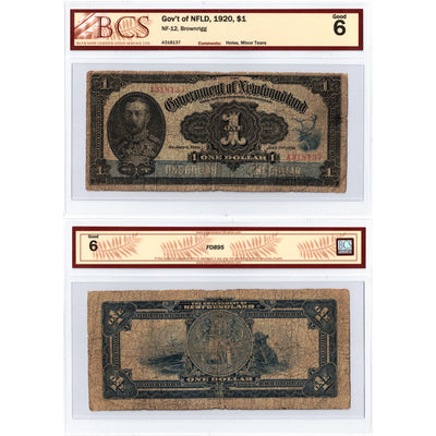 $1 1920 Government of Newfoundland Note Brownrigg NF-12 - BCS G-6
