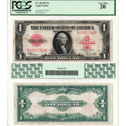 Front and back view of a United States 1923 $1 Red Seal Legal Tender Note, Fr. 40, graded PCGS VF-20, serial number A47977382B.