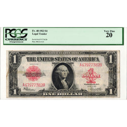 Obverse front view of a 1923 $1 United States Legal Tender Note Red Seal Fr. 40 PCGS VF20, featuring George Washington and serial A47977382B.