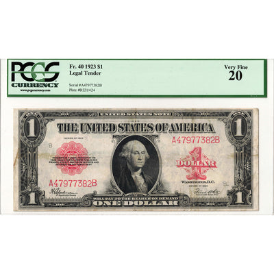 Obverse front view of a 1923 $1 United States Legal Tender Note Red Seal Fr. 40 PCGS VF20, featuring George Washington and serial A47977382B.
