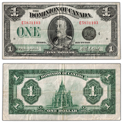 Full front and back view of a 1923 Dominion of Canada one-dollar banknote, Black Seal Series E, DC-25o, item number 5831103