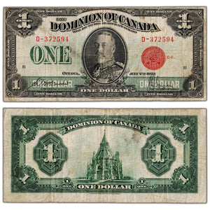 $1 1923 Dominion of Canada Note Red Seal Series D DC-25b - Fine (minor staining)