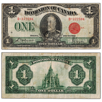 $1 1923 Dominion of Canada Note Red Seal Series D DC-25b - Fine (minor staining)