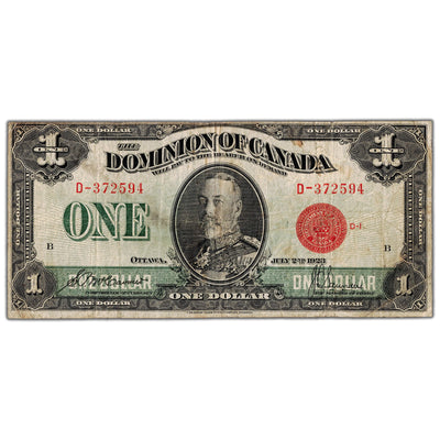 $1 1923 Dominion of Canada Note Red Seal Series D DC-25b - Fine (minor staining)