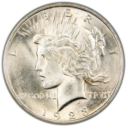 Macro photograph of the obverse on a 1923 Peace Silver Dollar showing Goddess Liberty with radiate crown, cert #279889-027.