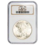 NGC certified slab showing the obverse of a 1923 Peace Silver Dollar graded MS 64 with serial number 279889-027.