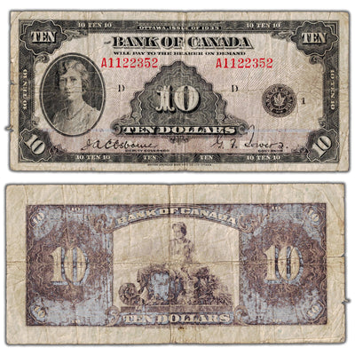SOLD $10 1935 Bank of Canada Note English Text BC-7 - Damaged Back