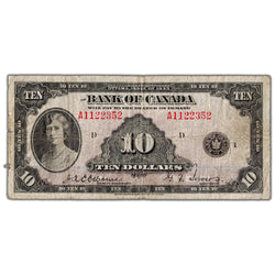 SOLD $10 1935 Bank of Canada Note English Text BC-7 - Damaged Back