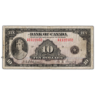 SOLD $10 1935 Bank of Canada Note English Text BC-7 - Damaged Back