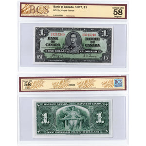 $1 1937 Bank of Canada Note Coyne-Towers O/N Prefix BC-21d - BCS AU-58
