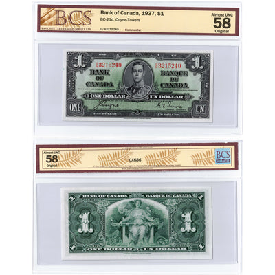 $1 1937 Bank of Canada Note Coyne-Towers O/N Prefix BC-21d - BCS AU-58