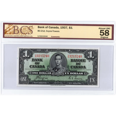 $1 1937 Bank of Canada Note Coyne-Towers O/N Prefix BC-21d - BCS AU-58