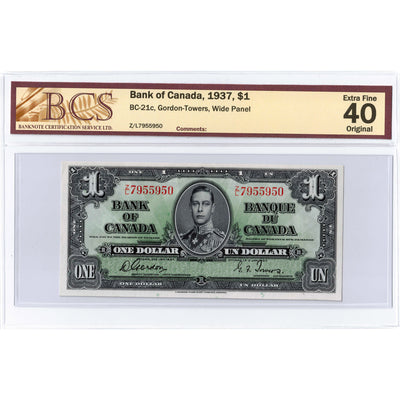 SOLD $1 1937 Bank of Canada Note Gordon-Towers Z/L Prefix BC-21c - BCS EF-40