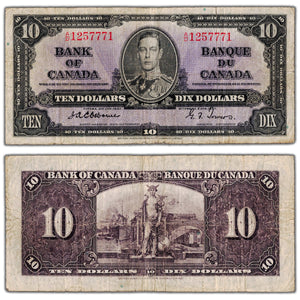 $10 1937 Bank of Canada Note Osborne Signature A/D Prefix BC-24a - Fine