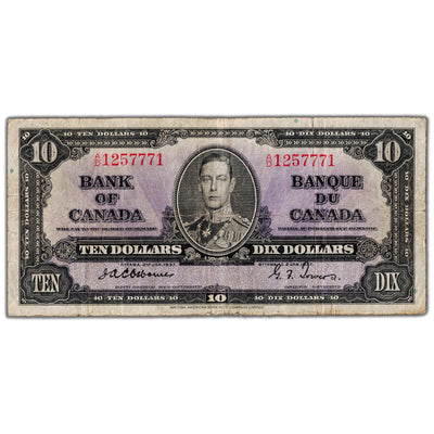 $10 1937 Bank of Canada Note Osborne Signature A/D Prefix BC-24a - Fine