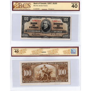 $100 1937 Bank of Canada Note Gordon-Towers B/J Prefix BC-27b - BCS EF-40