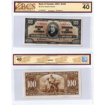 $100 1937 Bank of Canada Note Gordon-Towers B/J Prefix BC-27b - BCS EF-40