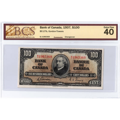 $100 1937 Bank of Canada Note Gordon-Towers B/J Prefix BC-27b - BCS EF-40