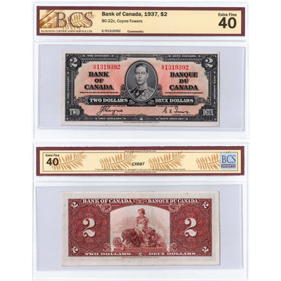 $2 1937 Bank of Canada Note Coyne-Towers K/R Prefix BC-22c - BCS EF-40