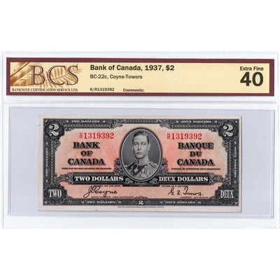 $2 1937 Bank of Canada Note Coyne-Towers K/R Prefix BC-22c - BCS EF-40