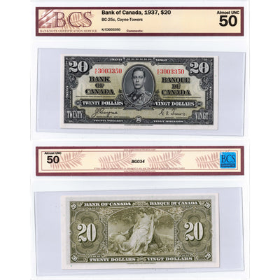 $20 1937 Bank of Canada Note Coyne-Towers K/E Prefix BC-25c - BCS AU-50