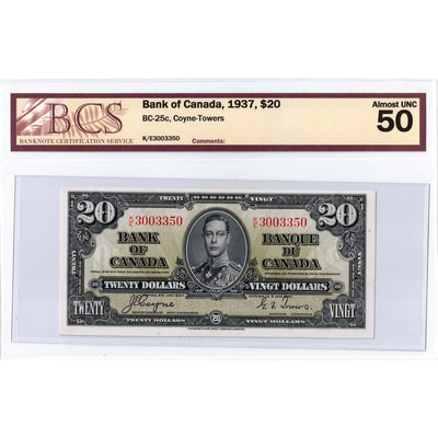 $20 1937 Bank of Canada Note Coyne-Towers K/E Prefix BC-25c - BCS AU-50