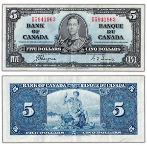 $5 1937 Bank of Canada Note Coyne-Towers C/S Prefix BC-23c - VF/EF