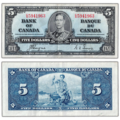 $5 1937 Bank of Canada Note Coyne-Towers C/S Prefix BC-23c - VF/EF