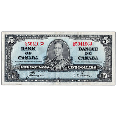 $5 1937 Bank of Canada Note Coyne-Towers C/S Prefix BC-23c - VF/EF