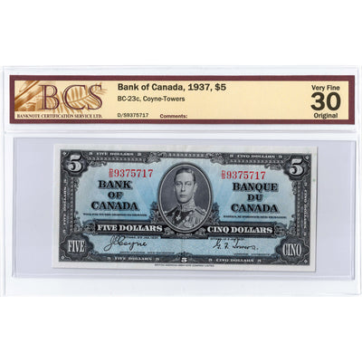 $5 1937 Bank of Canada Note Coyne-Towers D/S Prefix BC-23c - BCS VF-30